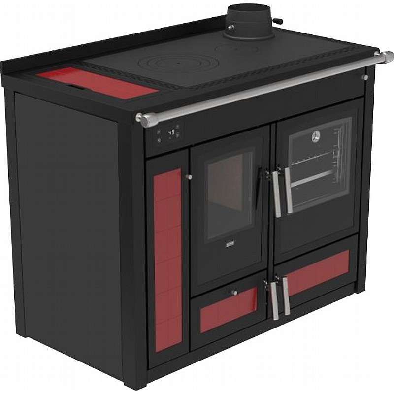 KLOVER ALTEA PLUS INDRO brændekomfur - Sort sider/Rød front - 22 Kw