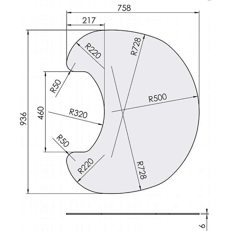 Formskåret glasplade 6mm - B936 x D758 mm. Passer til TT10/TT20/TT21/T23/TT44