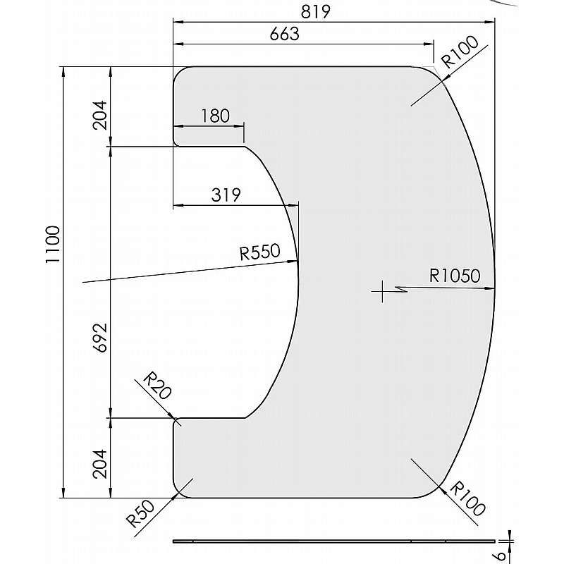 Formskåret glasplade - 6 mm