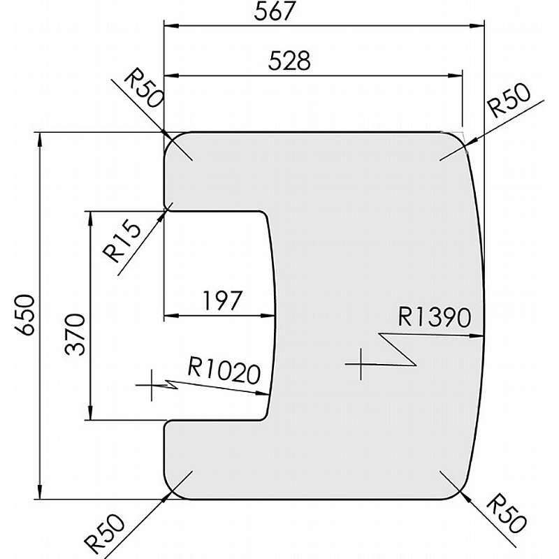 Formskåret glasplade - B650 x D567 mm
