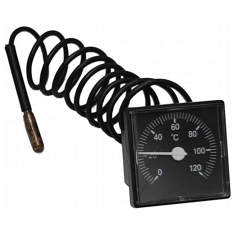 Fjerntermometer - indv.byggemål 49x49mm / ø44mm, føler 1m - 0-120 gr.