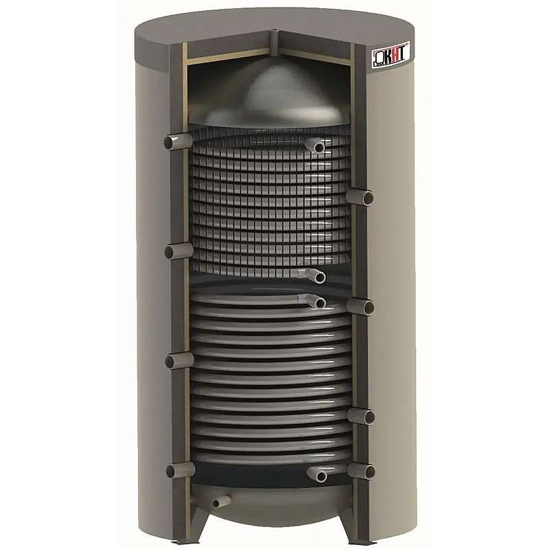 Akkumuleringstank med aftagelig isoleringskappe - m/brugsvandsspiral 2m² - solspiral 4,7m² - ø1368x2105mm - 2000L