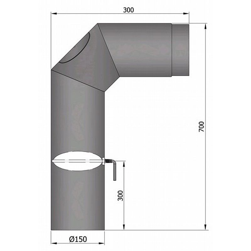 Knæ røgrør 2x45gr. med klap og spjæld - 700x300mm, Lys grå - Ø150mm