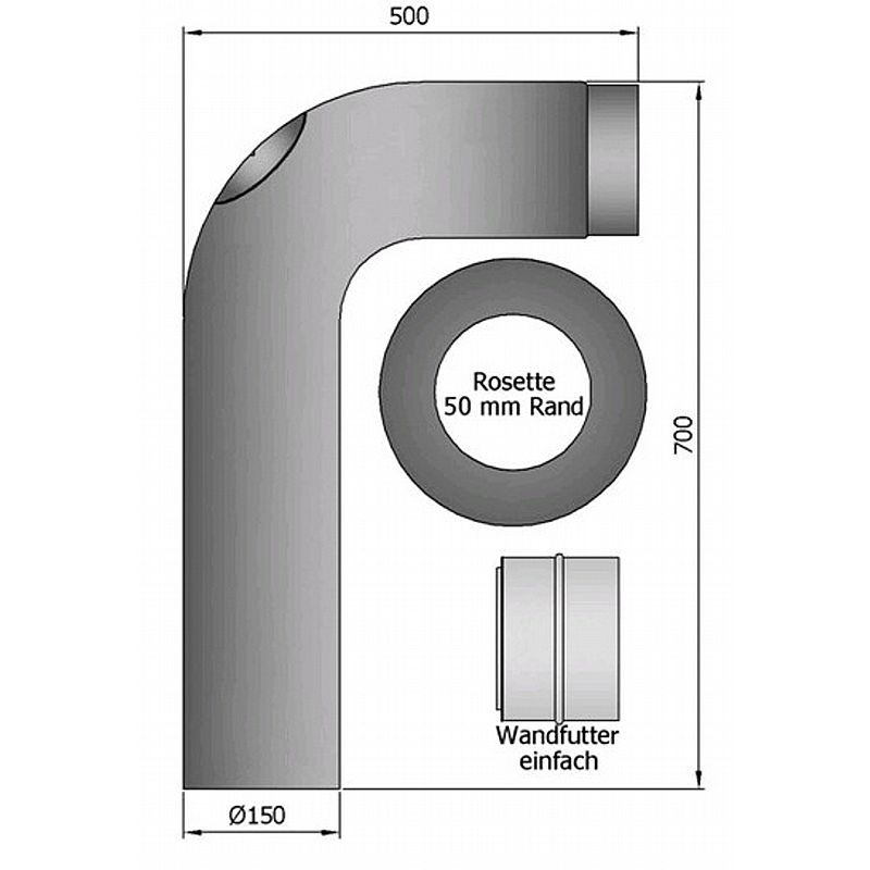 Fullform-sæt 90 gr. med dør, rosette og murbøsning, 700x500mm - Sort - Ø150mm