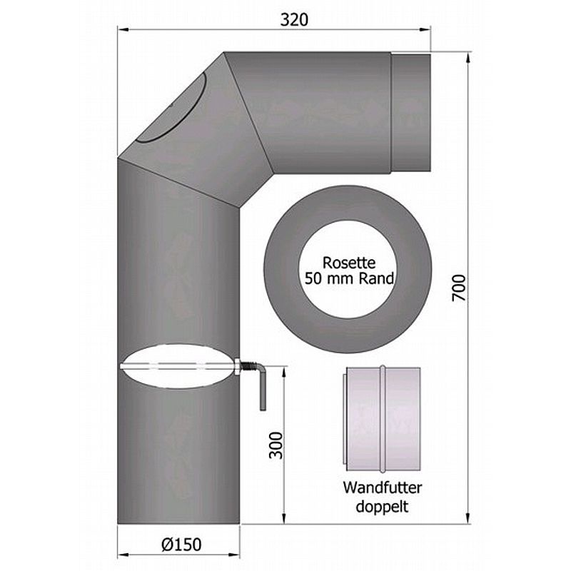 Knærørs-sæt 2x45gr. med dør, spjæld, rosette og dobbelt murbøsning, 700x300mm - Sort - Ø150mm