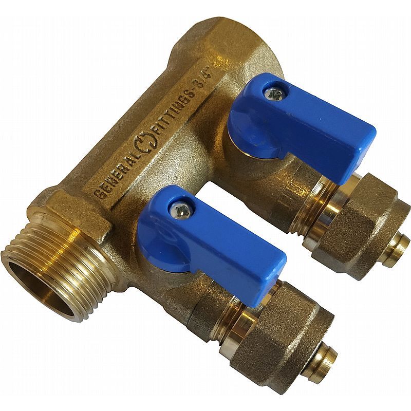 Fordelerrør med afspæringshaner - til 15mm pex - Blå greb