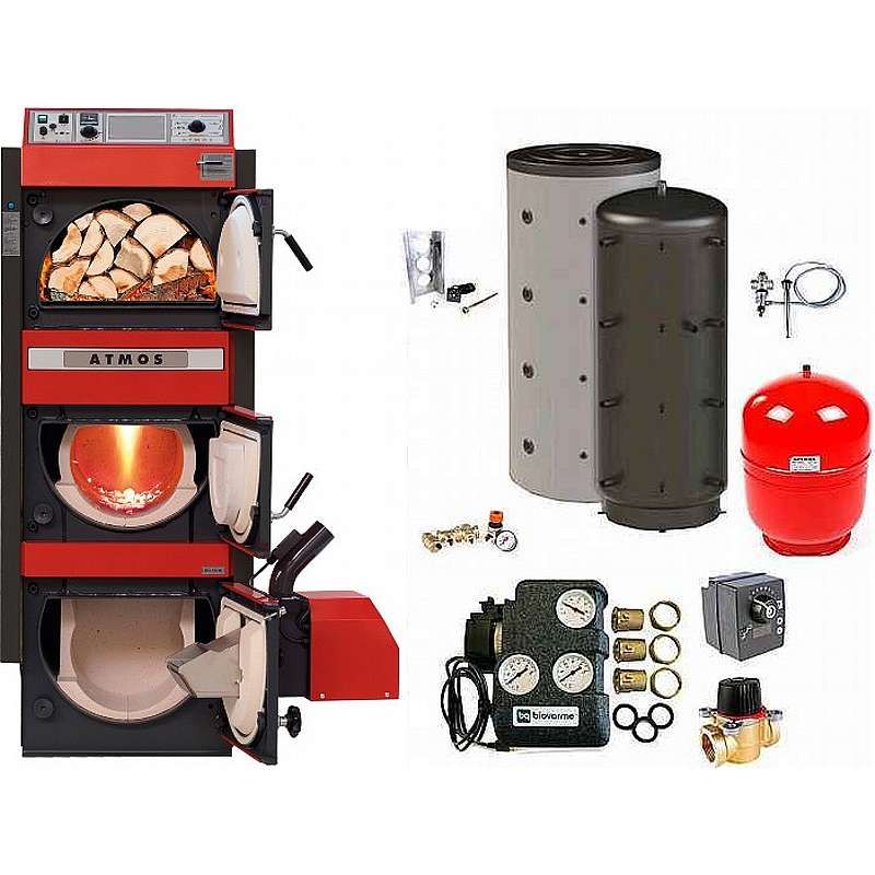 Atmos DC32SP kombifyrsæt - 32kw - med træpillebrænder, snegl og 500l silo, akkumuleringstank, ladeventil m.v.