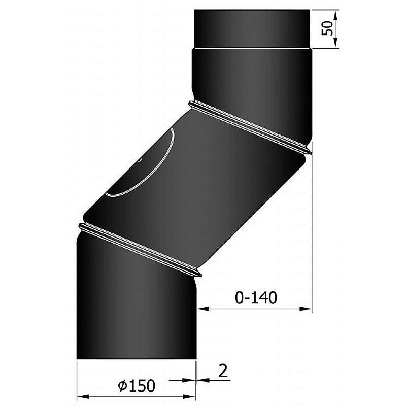 Røgrørs Bøjning justerbar 0-140mm - 3-delt med klap - sort - Ø150mm